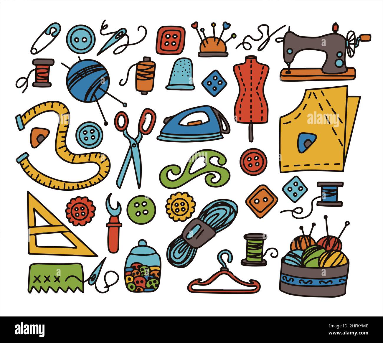 Big vector doodle sewing set. Vector tailoring tools icons. Sewing ...