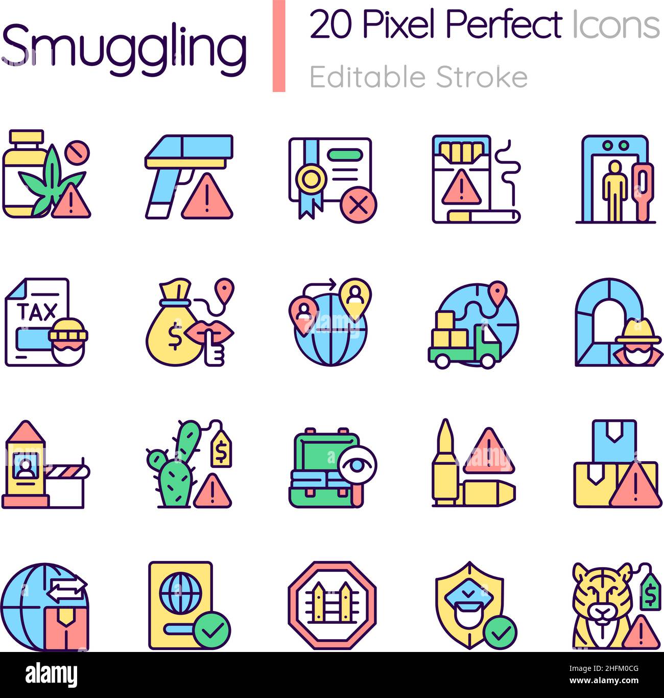 Smuggling RGB color icons set Stock Vector
