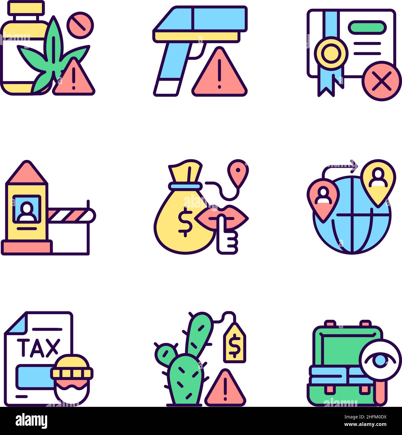 Illicit import and its prevention RGB color icons set Stock Vector