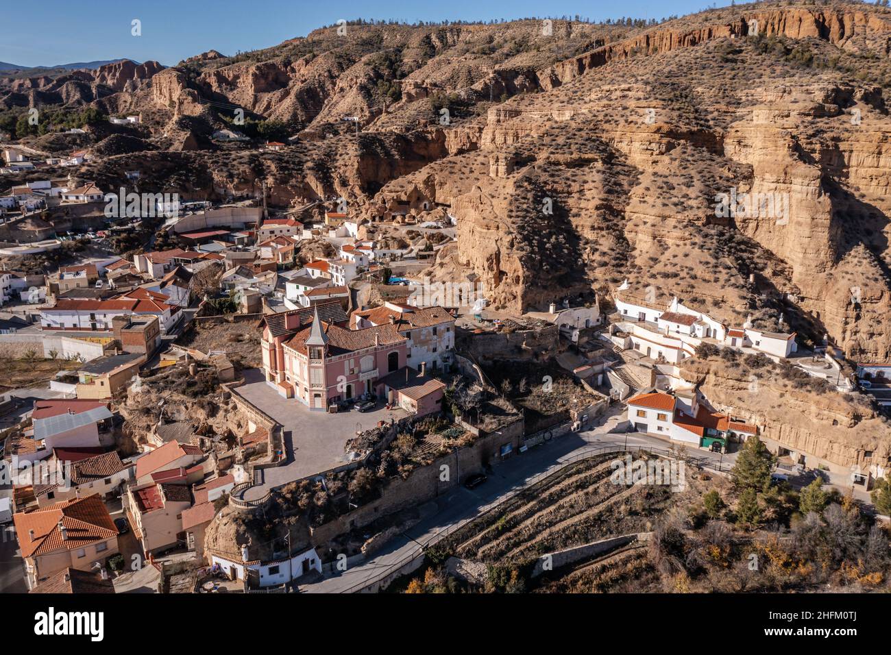 Aerial view of the village of Marchal with the traditional historical cave houses in Beas de Guadix Stock Photo