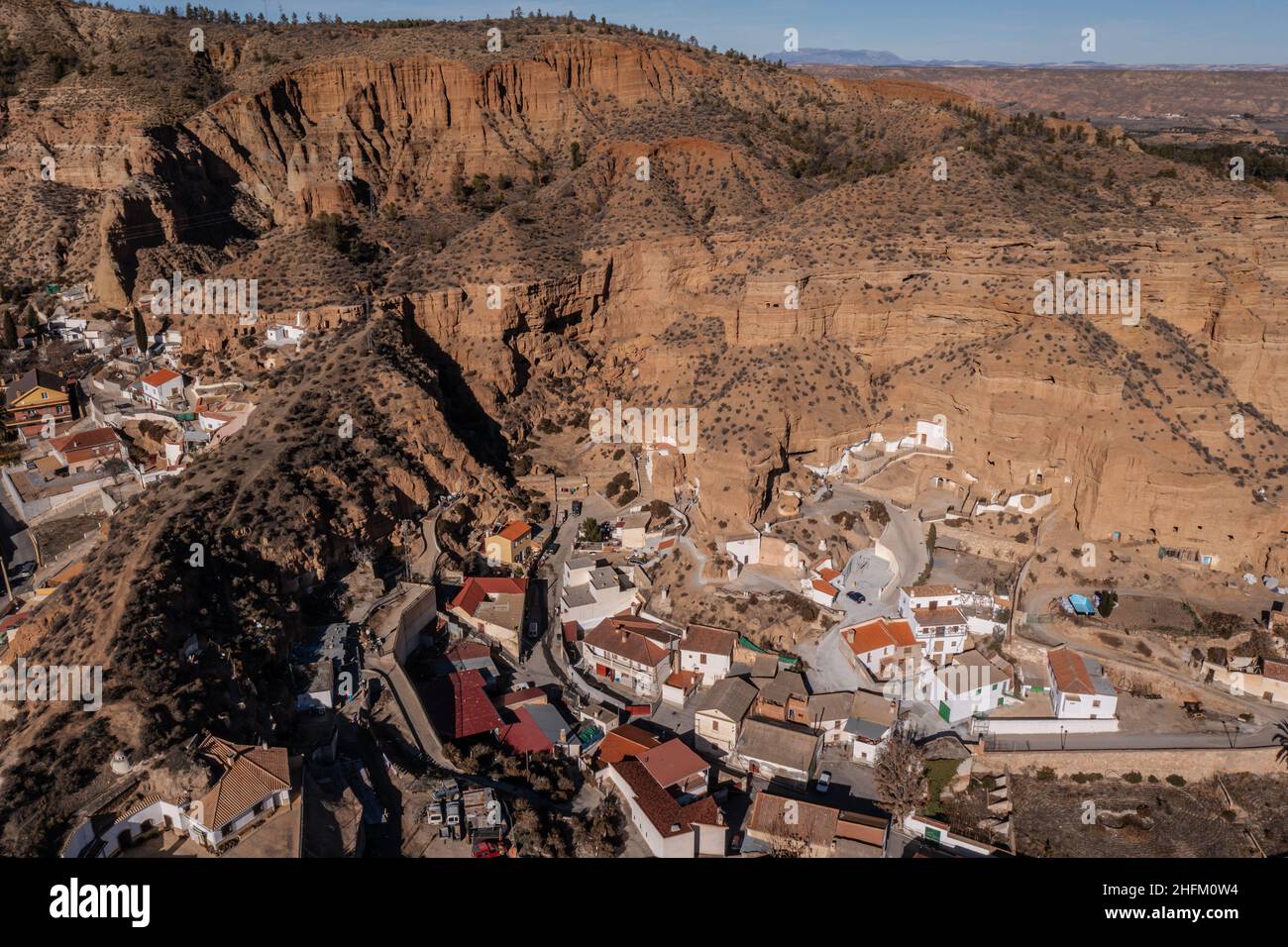 Aerial view of the village of Marchal with the traditional historical cave houses in Beas de Guadix Stock Photo