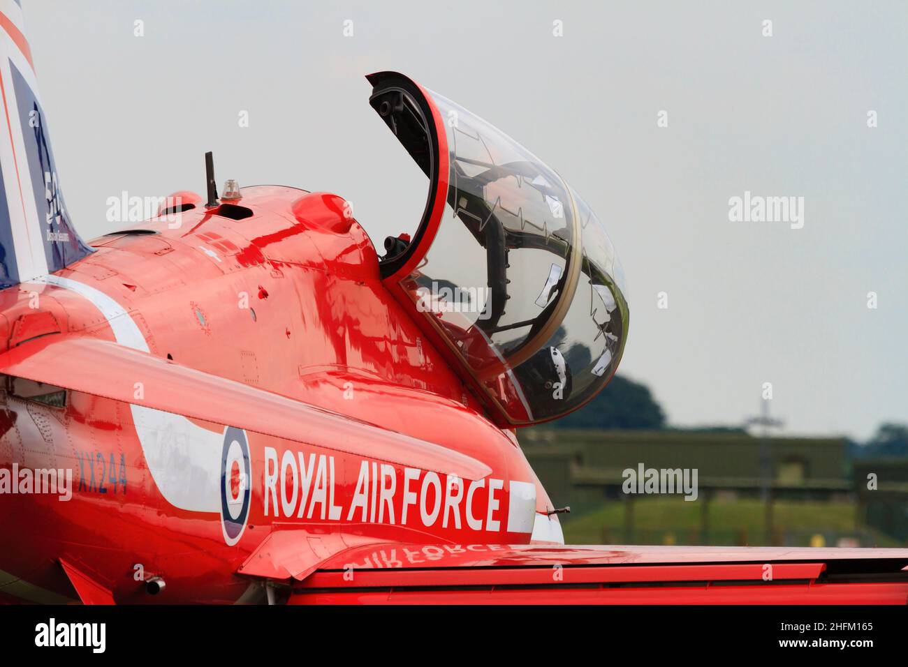 BAE Hawk T1a aircraft of the Royal Air Force aerobatic display team, The Red Arrows, with the 50th Anniversity tail markings. On the ground with the c Stock Photo