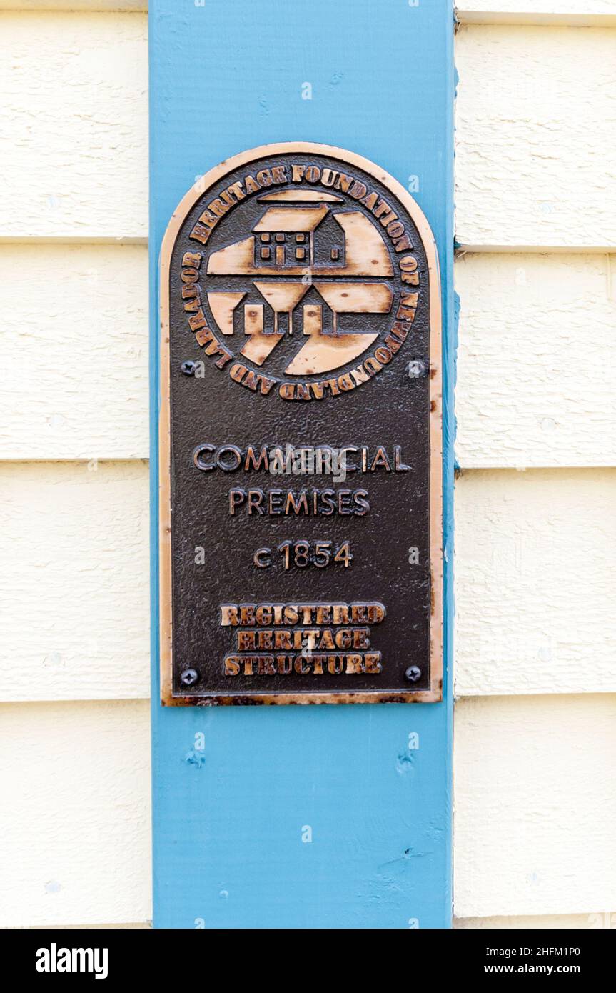 Heritage Foundation of Newfoundland and Labrador plaque on a Registered Heritage Structure of c 1854 in Trinity, Newfoundland. Stock Photo