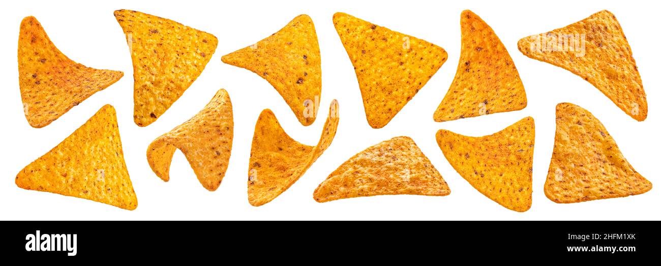 Corn chips, hot mexican nachos isolated on white background  Stock Photo