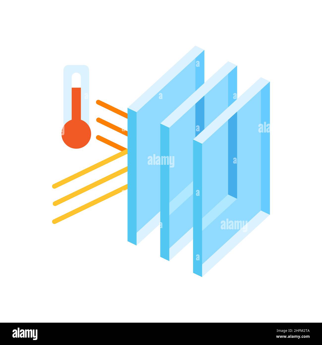 Keeping warm temperature inside house with glass layers. Cross section double glazed window. Infographics showing properties. Stock Vector