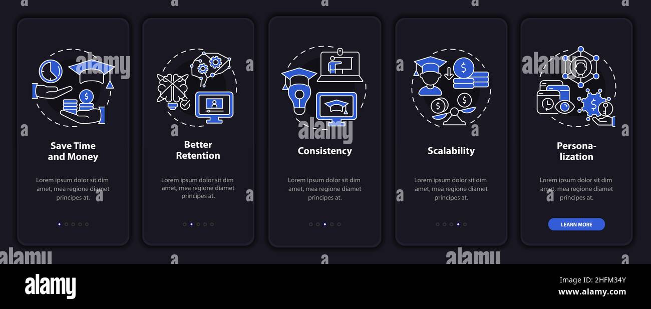 Advantages of elearning night mode onboarding mobile app screen Stock ...