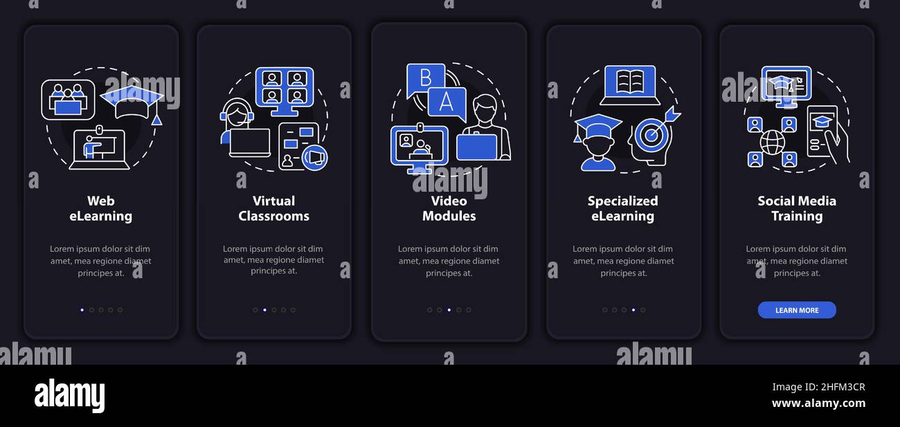 Elearning types night mode onboarding mobile app screen Stock Vector ...