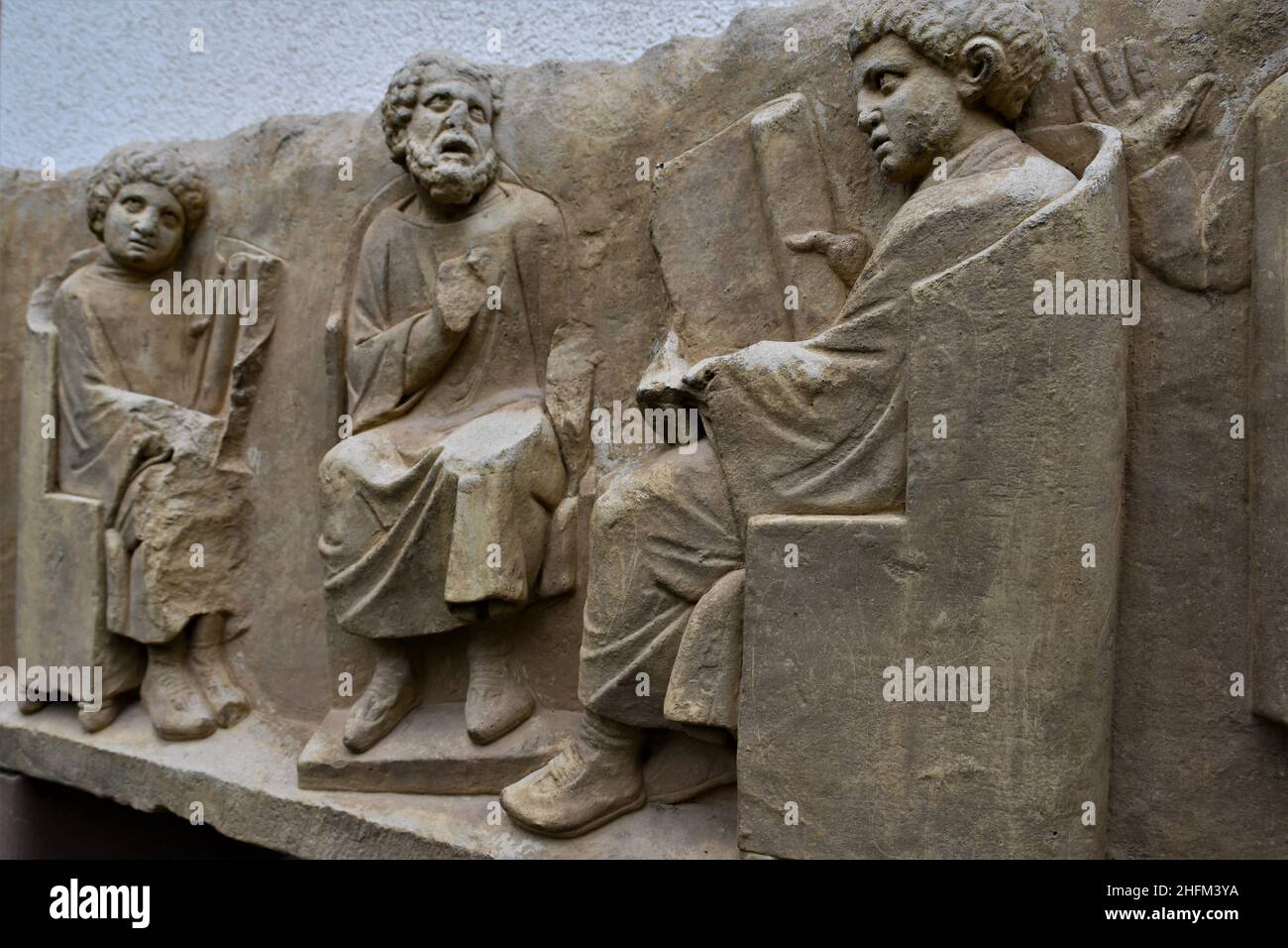 School Scene - Roman Tomb Monument At Neumagen-Dhron / Moselle Stock Photo