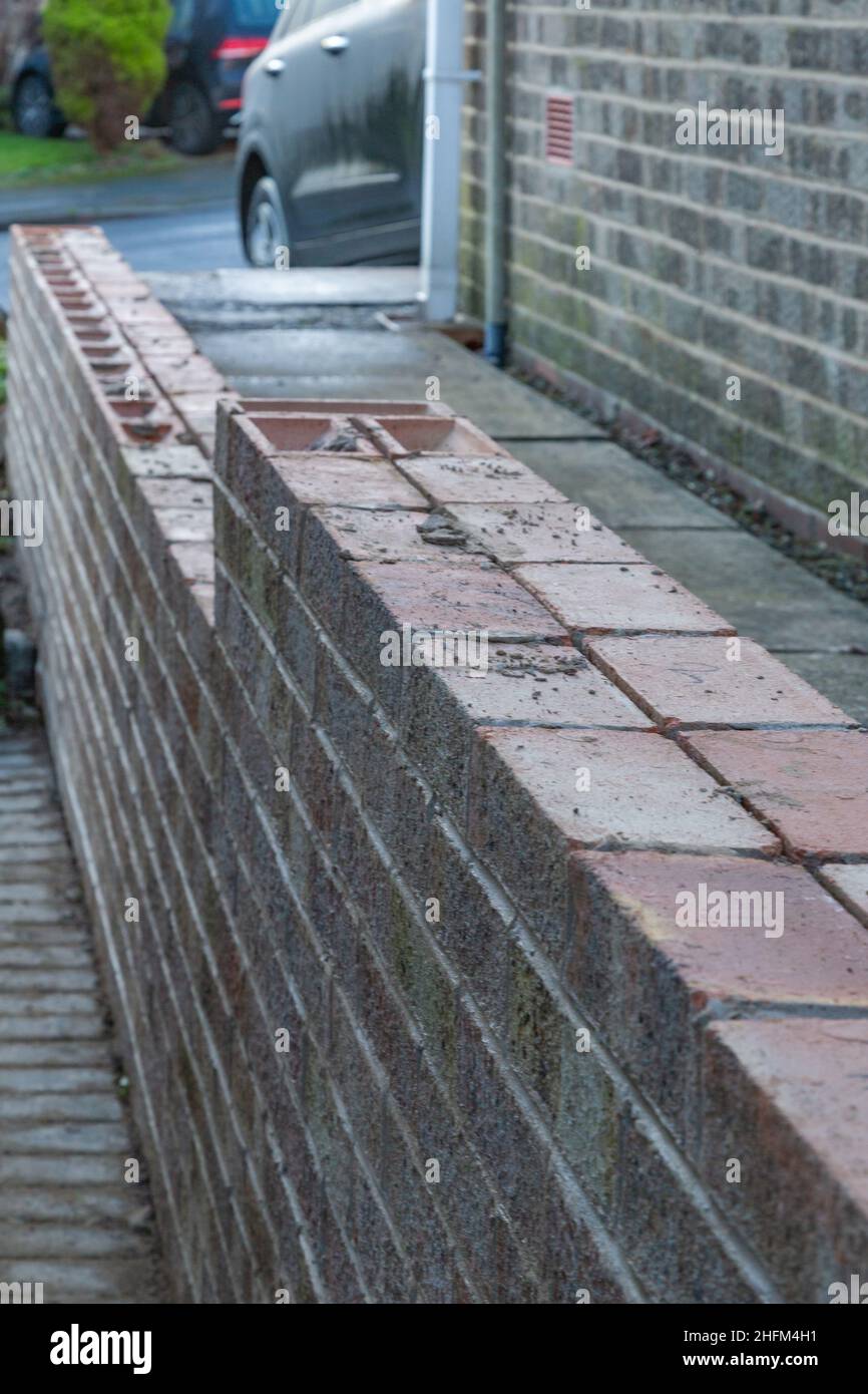 A solid, double brick garden wall being built Stock Photo Alamy