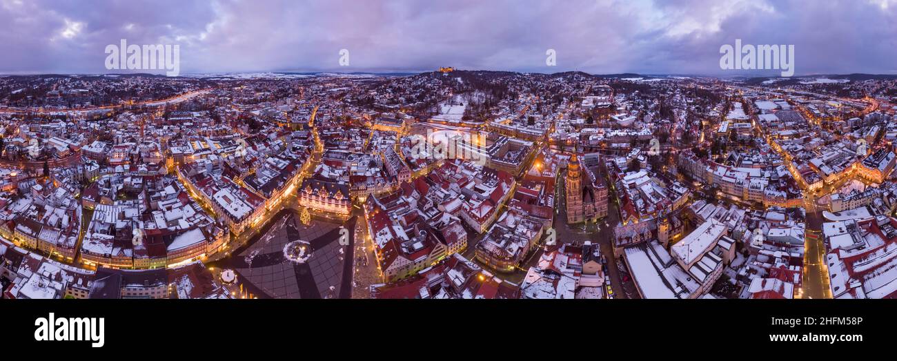 Aerial view of Coburg (Germany) in winter at dusk Stock Photo