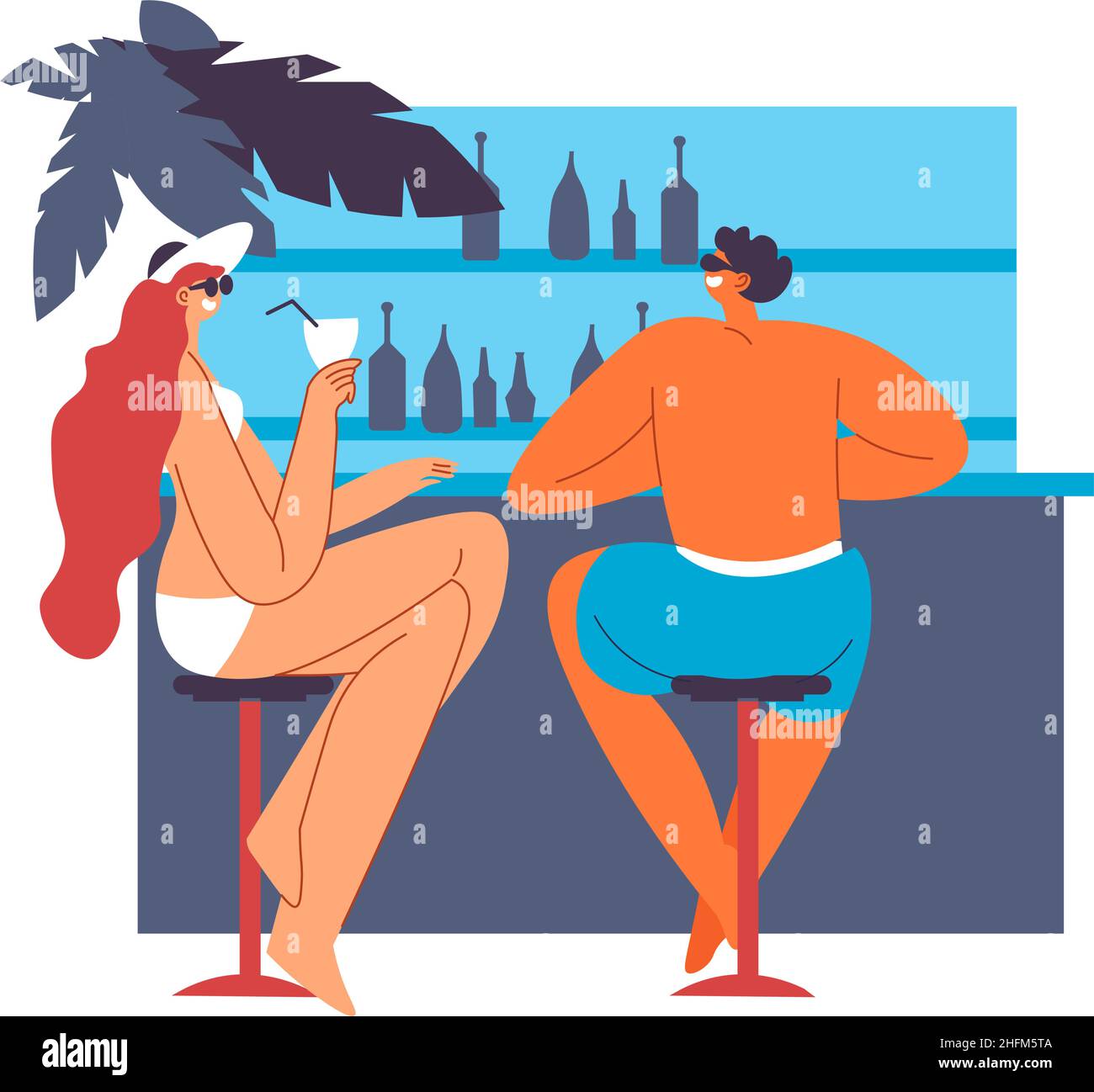 People chatting and drinking at bar by seaside, summer vacation and rest on resort. Man and woman with cocktails and beverages chatting, honeymoon or Stock Vector