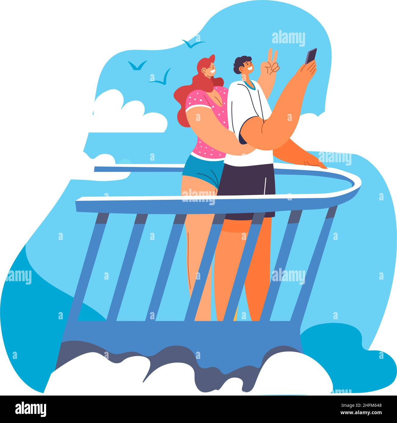 Summer trip of couple, man and woman cuddling on yacht deck taking selfie proto from vacation. Resting people heading to tropical country, relax and t Stock Vector