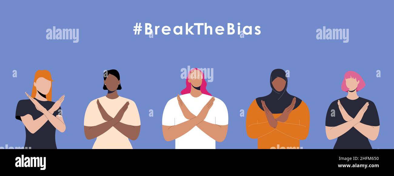 International womens day. 8th march. HAshtag BreakTheBias Horizontal poster with women with
