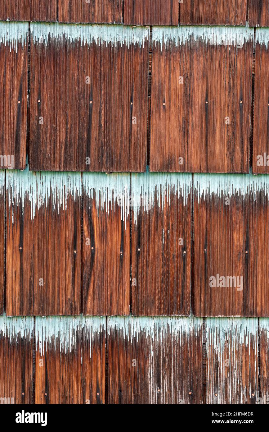 Weathered cedar shakes on an old house in Northeast Oregon Stock Photo