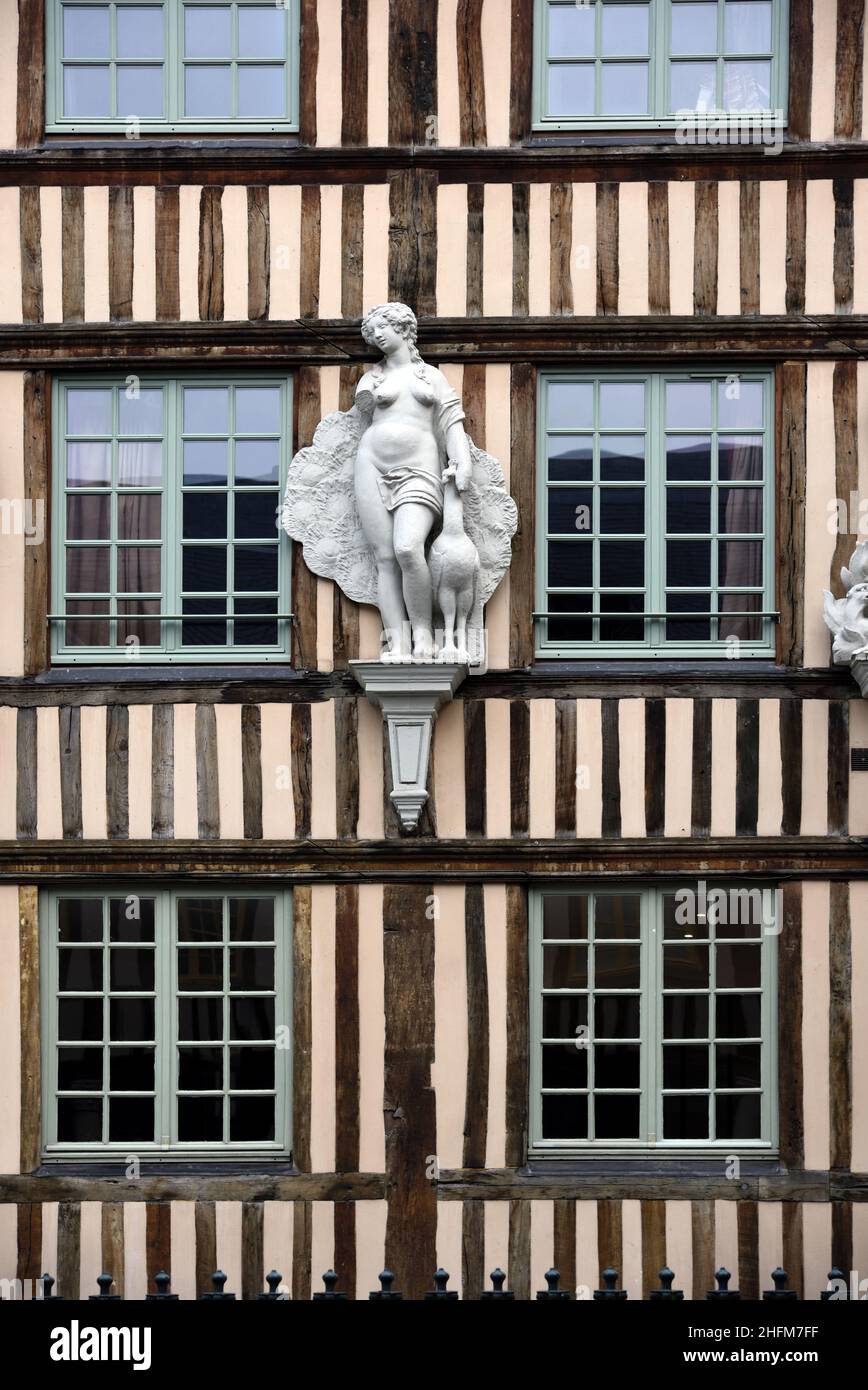 c17th Hotel d'Etancourt Townhouse, Mansion or Historic Building with Timber Frame Structure & Neoclassical Statues in Old Town Rouen Normandy France Stock Photo