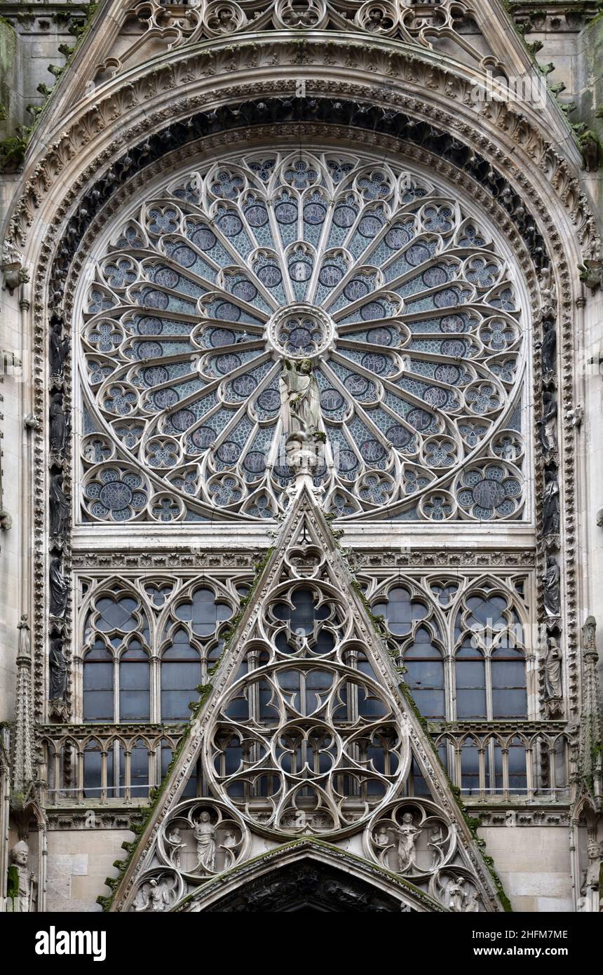 Rose Window or Rosace on North Side Above the Portail des Librairies & Decorative Stone Carving Notre Dame Cathedral Rouen Normandy France Stock Photo