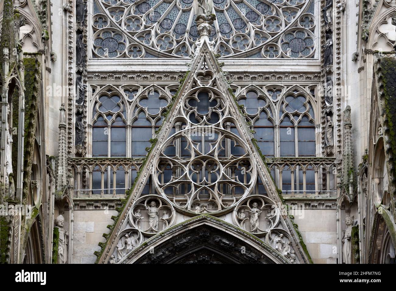 Decorative Carved Stonework on North Side Above the Portail des Librairies & Decorative Stone Carving Notre Dame Cathedral Rouen Normandy France Stock Photo