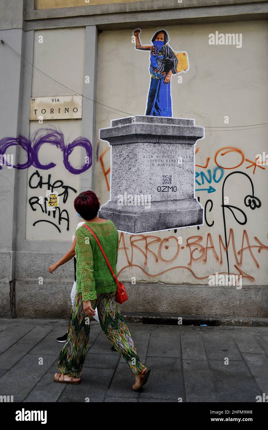 Claudio Furlan - LaPresse 15 June 2020 Milano (Italy) News Posting in via Torino &quot;monument in memory of the child bride&quot; in reference to Fatima-Dest&#xe0;, Eritrean bride of Indro Montanelli Stock Photo