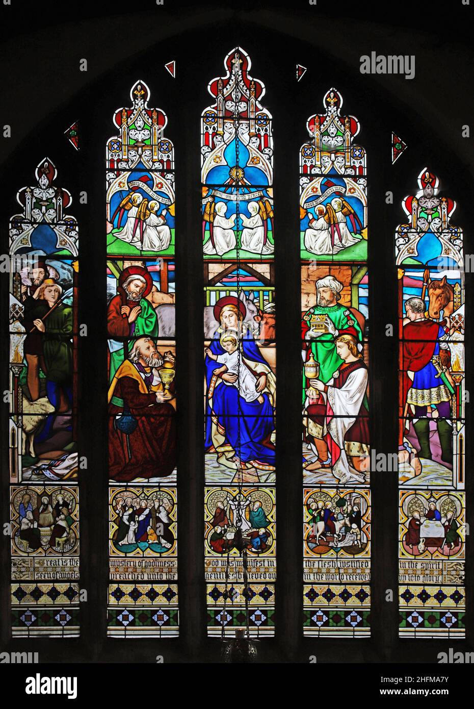 A stained glass window of 1856 by Francis Wilson Oliphant depicting the Adoration of the Magi,  St John the Baptist, Stamford, Lincolnshire Stock Photo