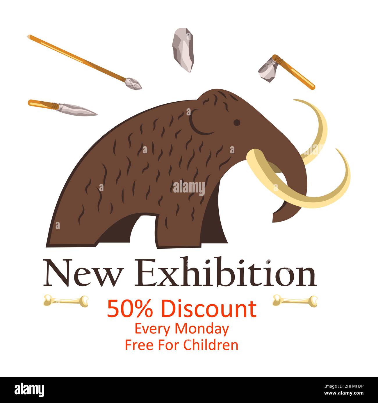 Historic exhibition in museum presenting extinct animals from prehistoric period, mammoth with tusks and instruments. Museum entry with ticket bought Stock Vector