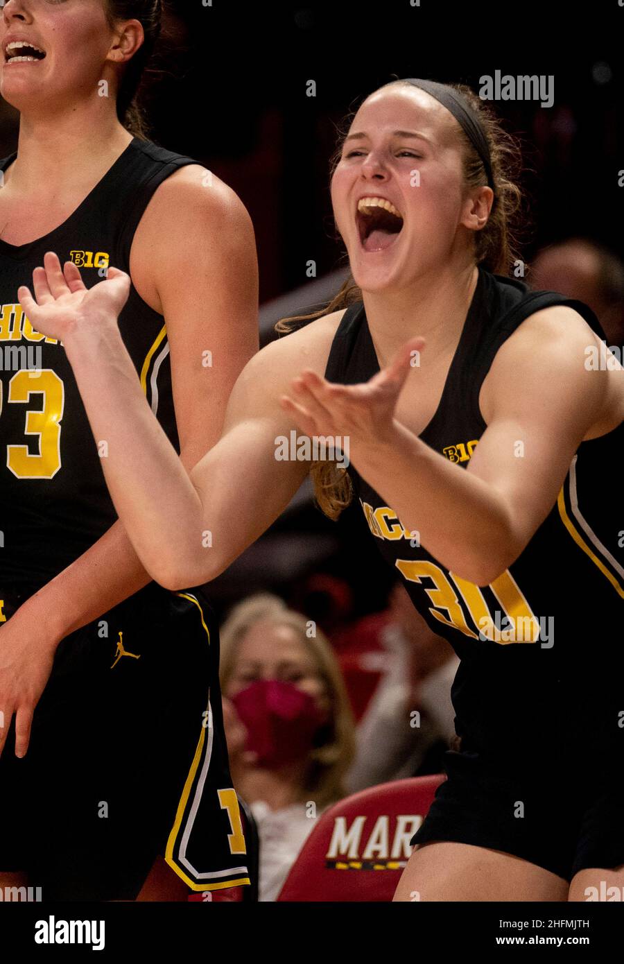 COLLEGE PARK, MD - JANUARY 16: Michigan Wolverines guard Elise Stuck (30) after her team takes a big lead during a Big10 women's basketball game betwe Stock Photo