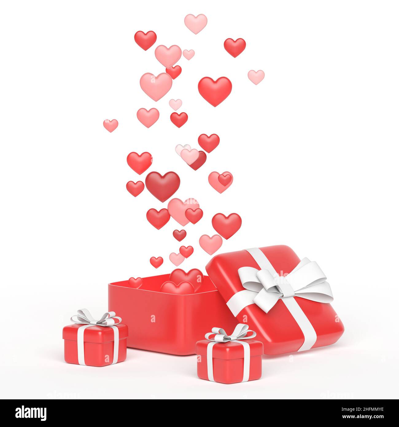 Open red gift box with hearts on white background. Valentine's card. 3d rendering Stock Photo