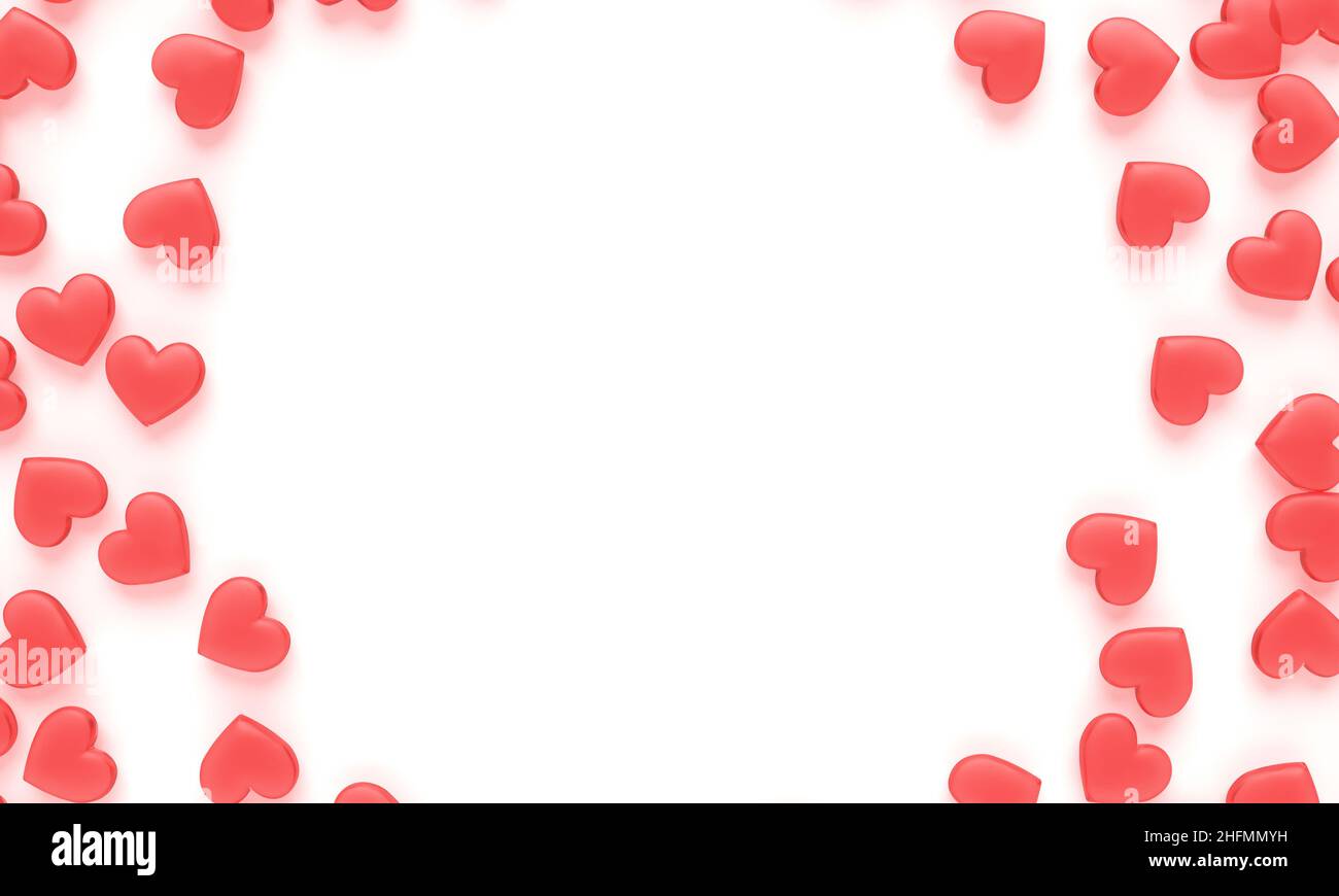 Heart border for Valentines day with red hearts on white background. Copy space, 3d rendering Stock Photo
