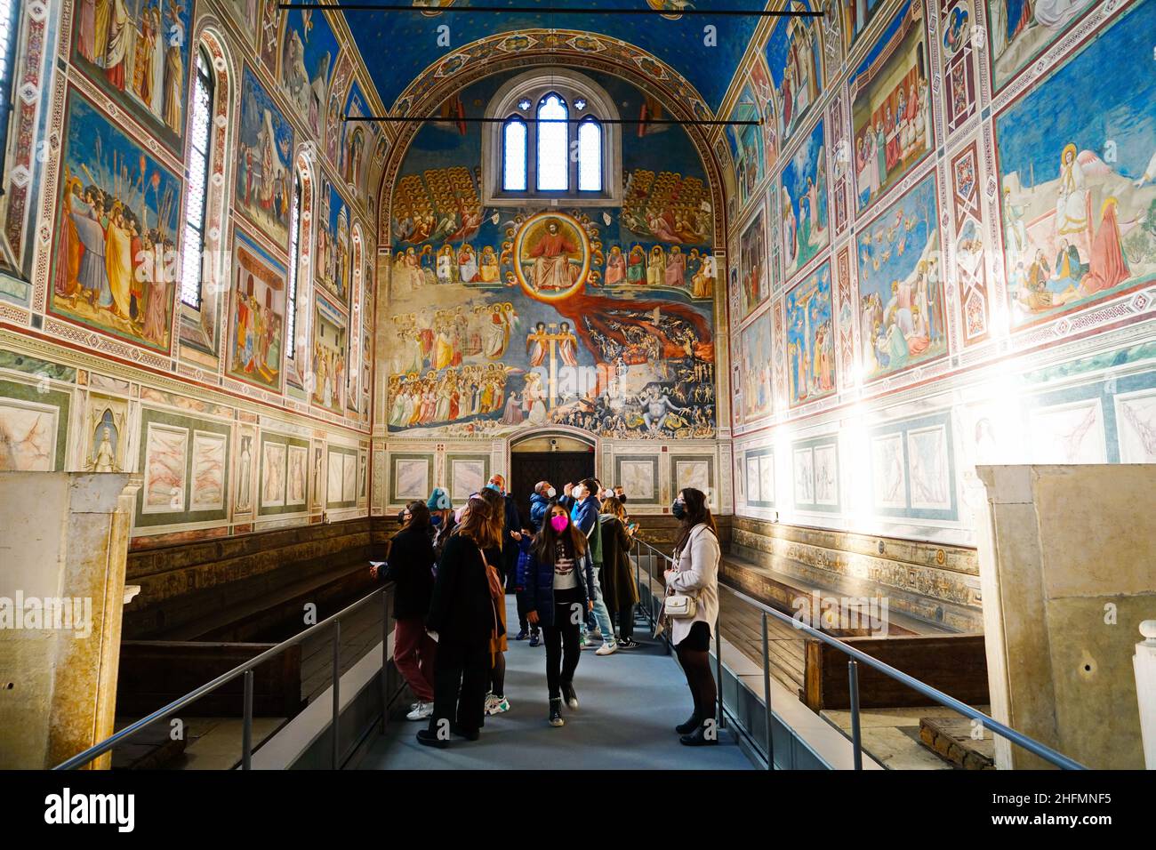 View of the landmark Scrovegni Chapel (Cappella degli Scrovegni, Arena Chapel), part of the Museo Civico of Padua, with a fresco cycle by Giotto compl Stock Photo