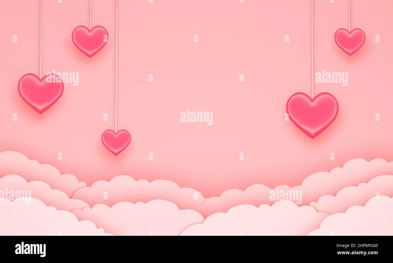Valentine's Day background with pink hearts above the clouds. Copy space, 3d rendering Stock Photo