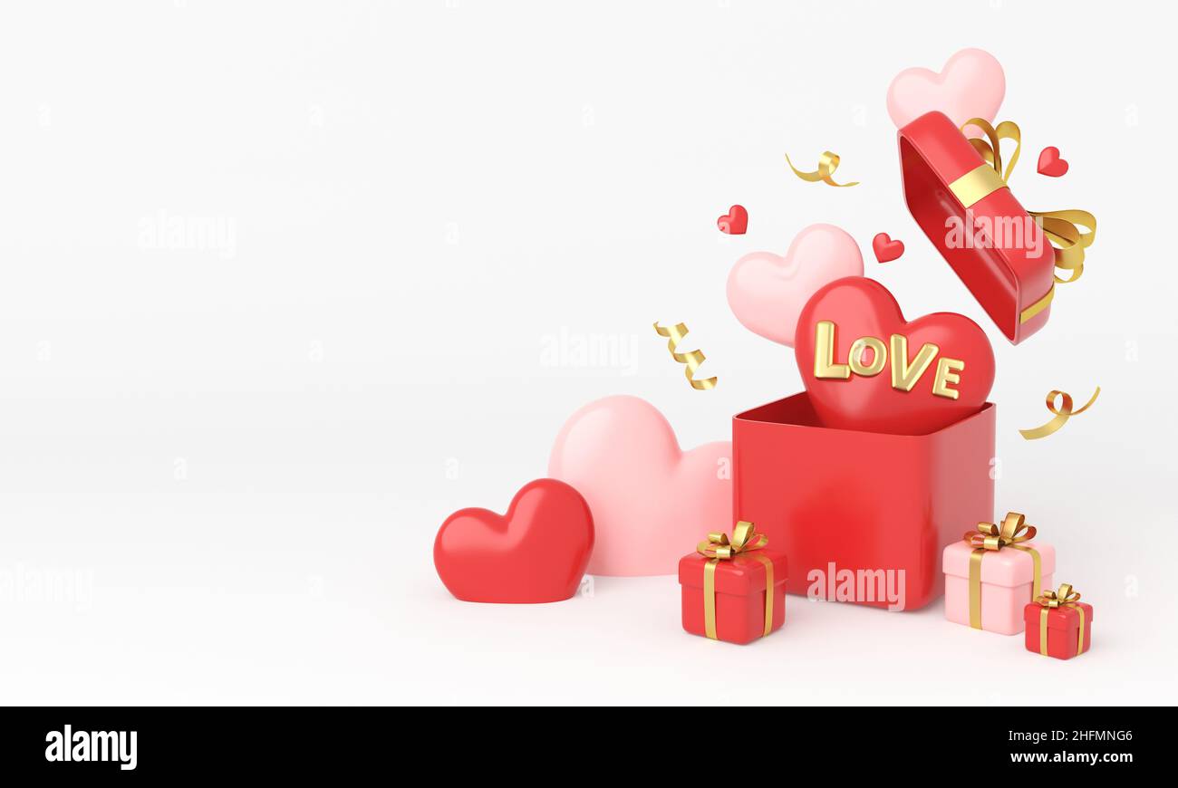 Open gift box full of holiday hearts on white background. Design for Valentine's Day. Copy space, 3d rendering Stock Photo