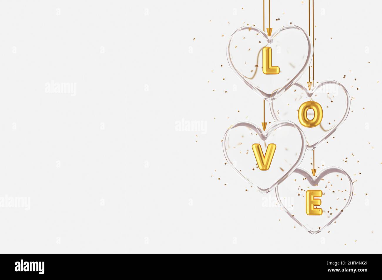 Happy Valentine's Day background with glass hearts and golden letters with the word LOVE written inside. Copy space, 3d rendering Stock Photo