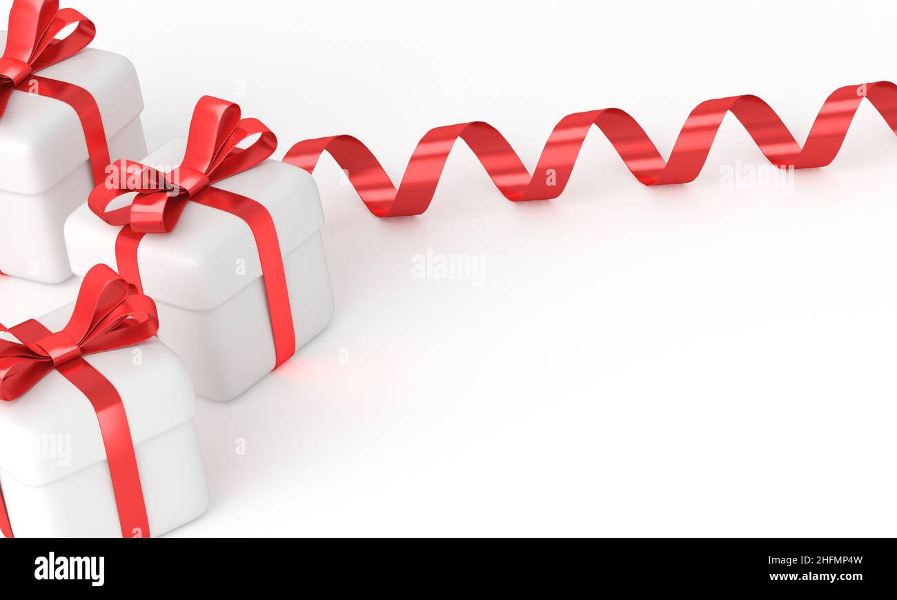 Three gift boxes wrapped in red ribbon and a bow over the top. Copy space, 3d rendering Stock Photo