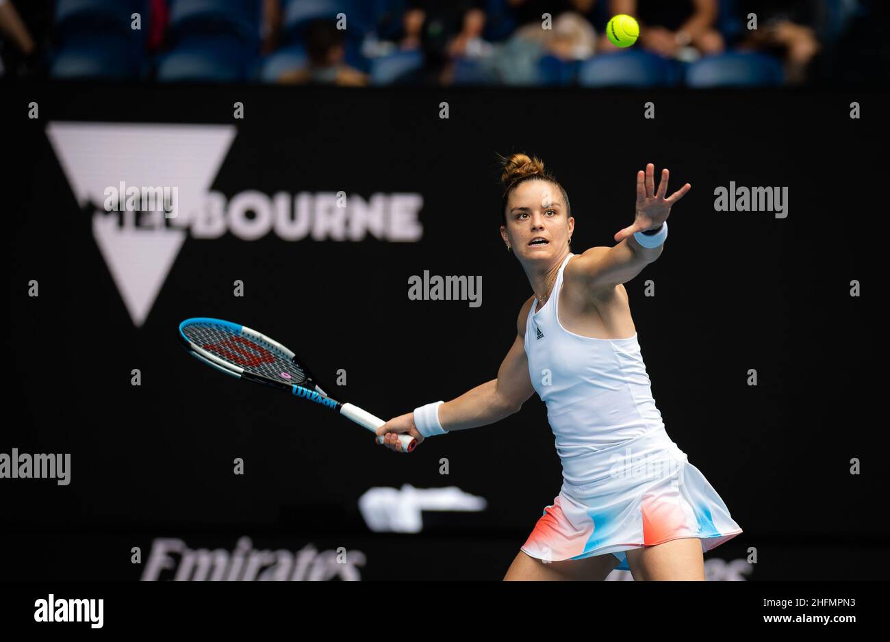 Maria Sakkari of Greece in action against Tatjana Maria of Germany during the first round of the 2022 Australian Open, WTA Grand Slam tennis tournament on January 17, 2022 at Melbourne Park