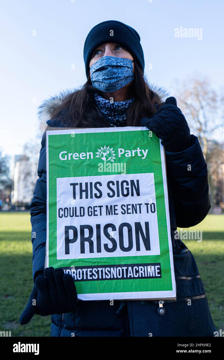WESTMINSTER, LONDON,UK. 17 January 2022. A protesters affiliated with the Green Party demonstrates in Parliament Square sgainst  the new  Police, Crime, Sentencing and Courts Bill legislation  which would expand police powers and is to be debated at the House of Lords  today.   Credit: amer ghazzal/Alamy Live News Stock Photo