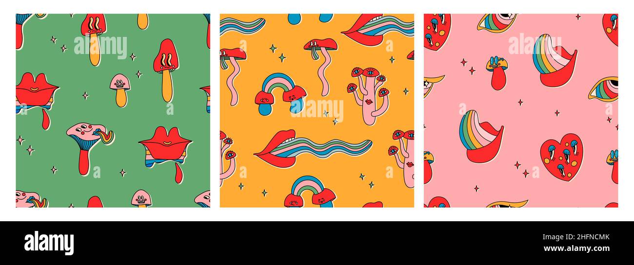 Set of seamless patterns of classic psychedelic cartoon mushrooms with faces, eyes, tongues and cheeks. Cute vector multicolor repeating elements. Stock Vector