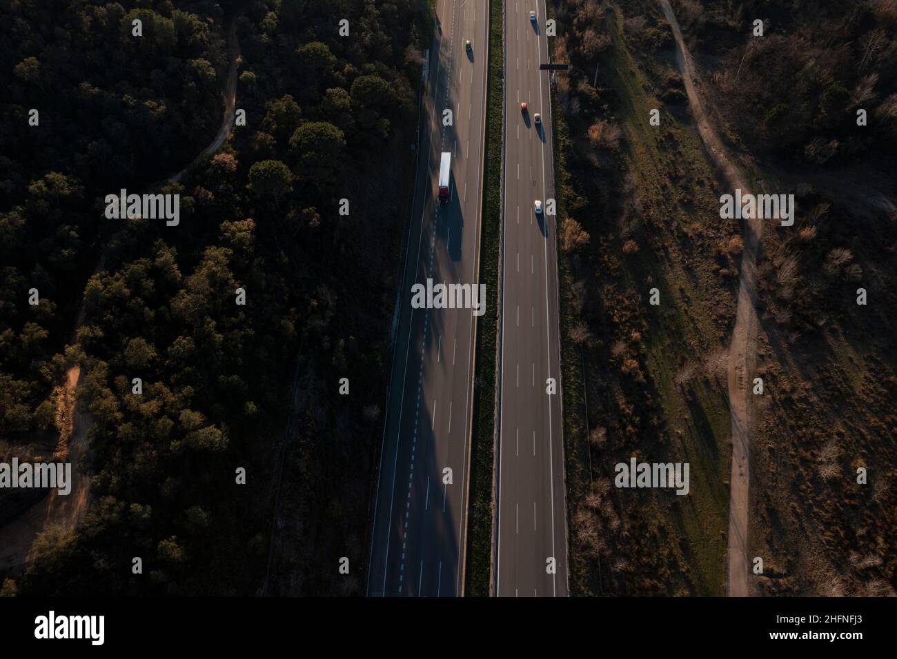 Aerial view of traffic on a motorway in northern Catalonia, Spain Stock Photo
