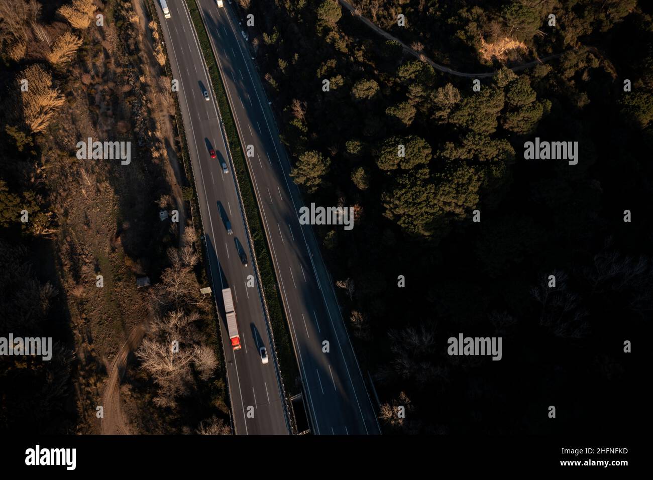 Aerial view of traffic on a motorway in northern Catalonia, Spain Stock Photo