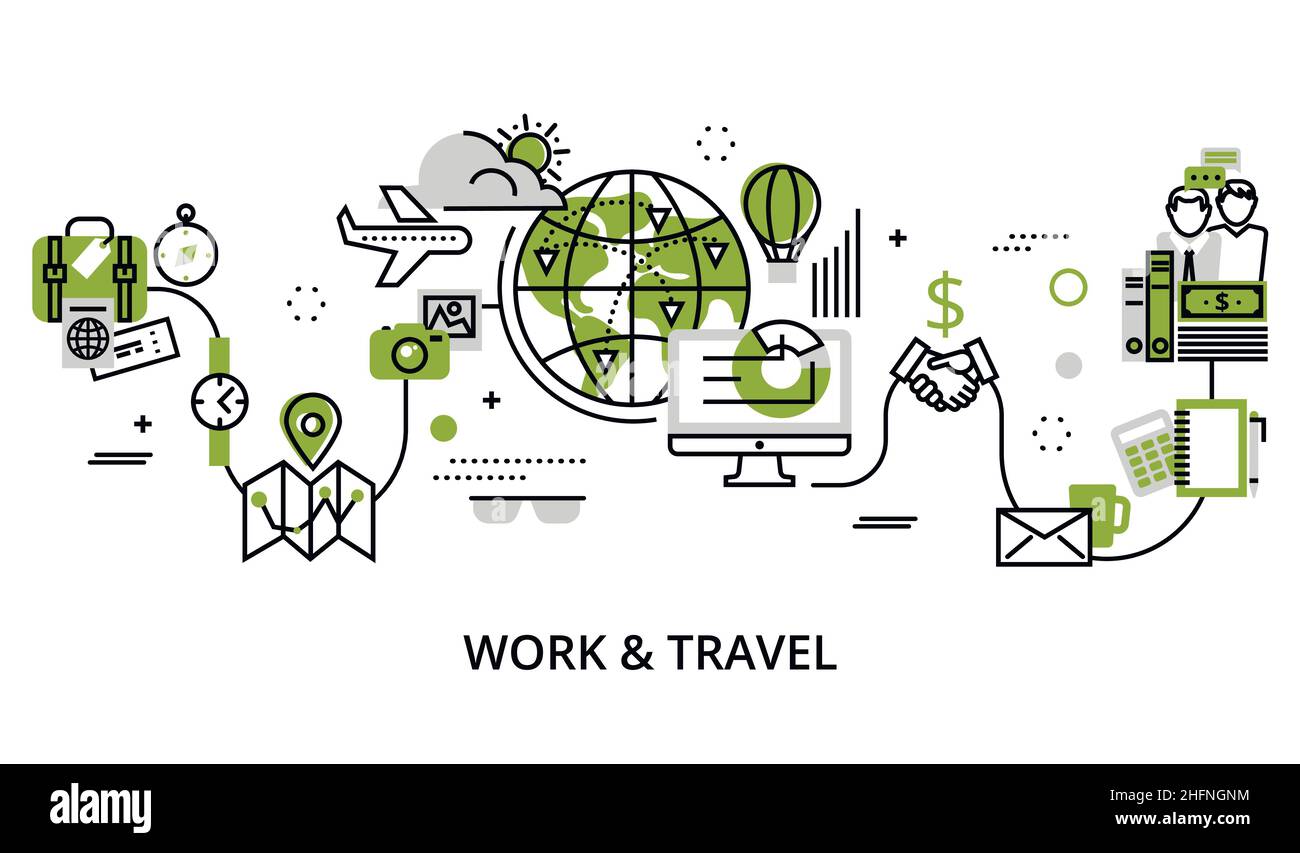 Modern editable line design vector illustration, concept of work and travel in greenery color, for graphic and web design Stock Vector