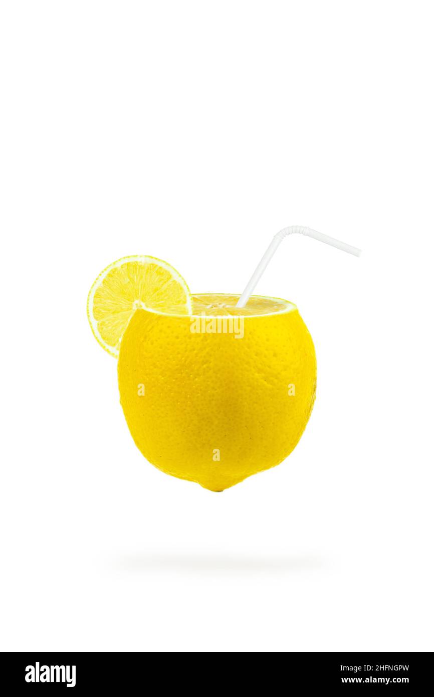 Levity lemon fruit cocktail floating in the air. Refreshing Lemonade concept. Food levitation or zero gravity Stock Photo