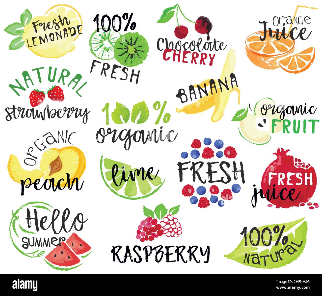 Set of fruit labels and stickers. Vector illustration in watercolor style, for graphic and web design Stock Vector