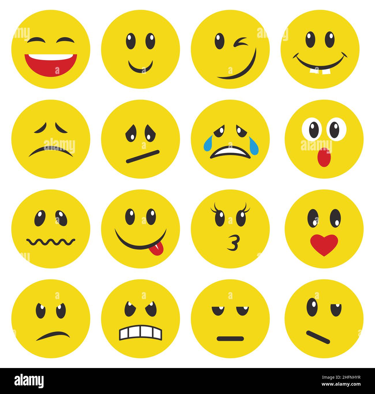 Set of yellow emoticons and emojis. Vector illustration in flat style on white background Stock Vector