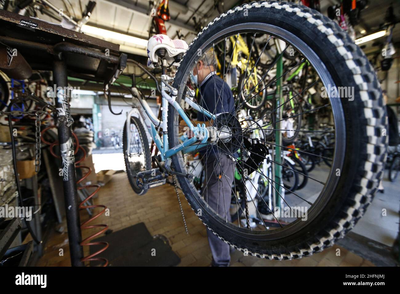 Cecilia Fabiano/LaPresse September 07 , 2020 Roma (Italy) News: Bike Bonus: from November the Ministry of the Environment give an economic help for buy a new bicycle In the pic : ancient bike shop in Porta Portese Stock Photo