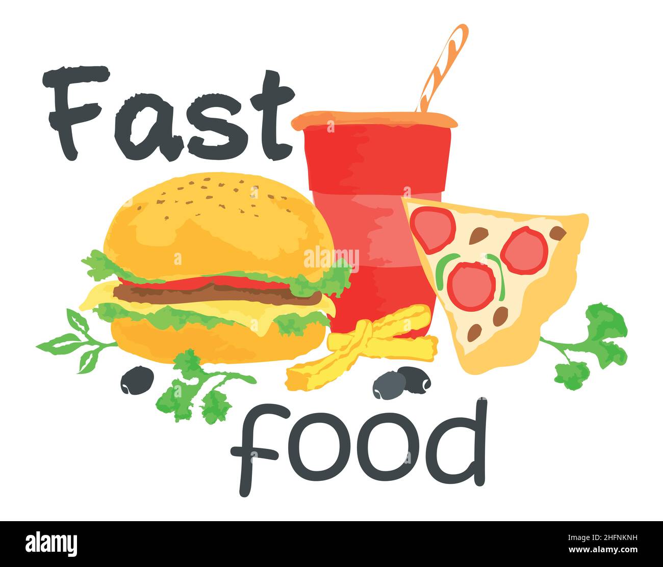 Fast Food sticker. Vector illustration in watercolor style, for graphic and web design Stock Vector
