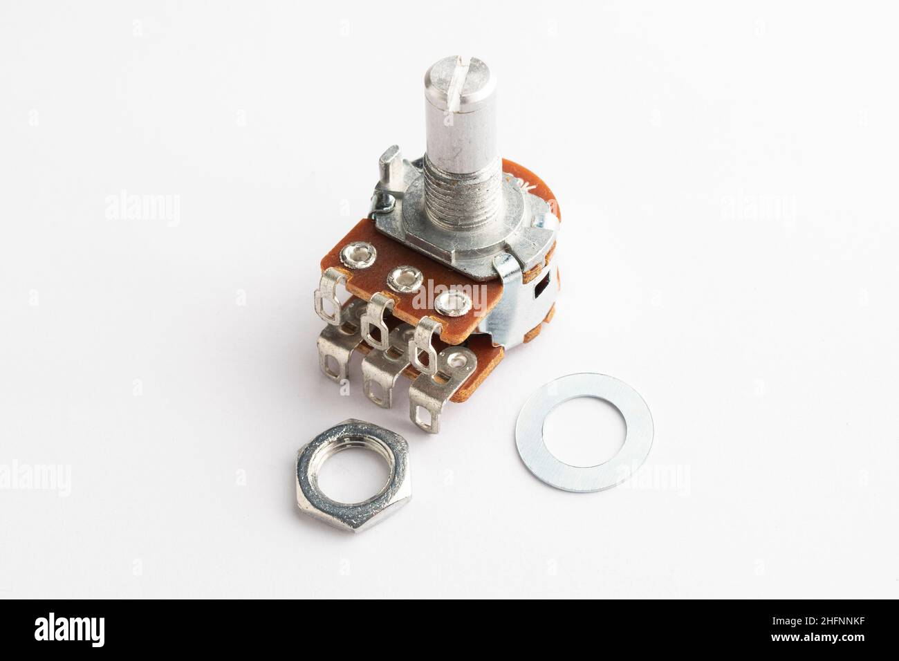 Dual potentiometer electronic component on white background Stock Photo