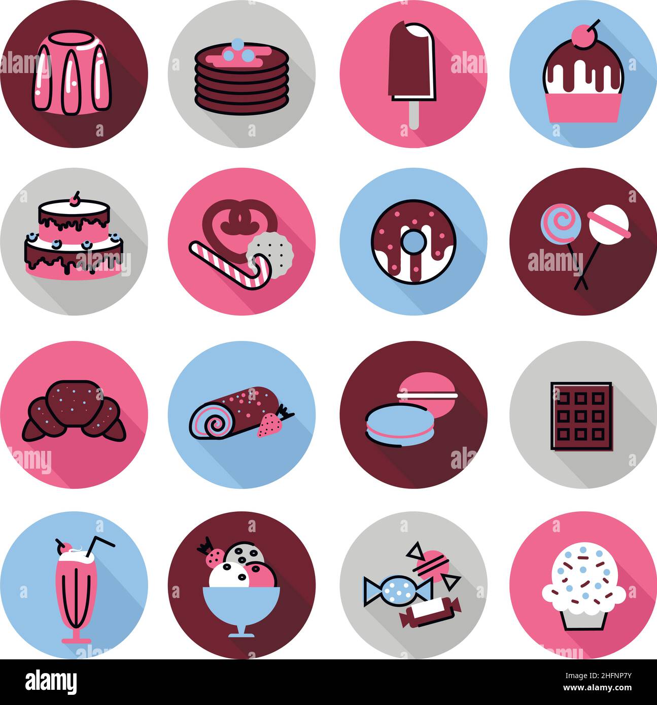 Modern flat thin line design vector illustration, icons set of sweet desserts, cakes, chocolates, and other, for graphic and web design Stock Vector