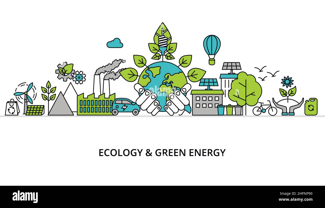 Modern flat thin line design vector illustration, infographic concept of ecology problem, generation and saving green energy  for graphic and web desi Stock Vector