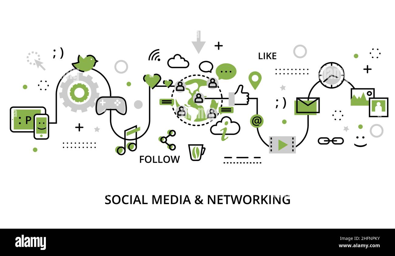 Modern flat line design vector illustration, greenery concept of social media, social networking, web communtity and posting news for graphic and web Stock Vector