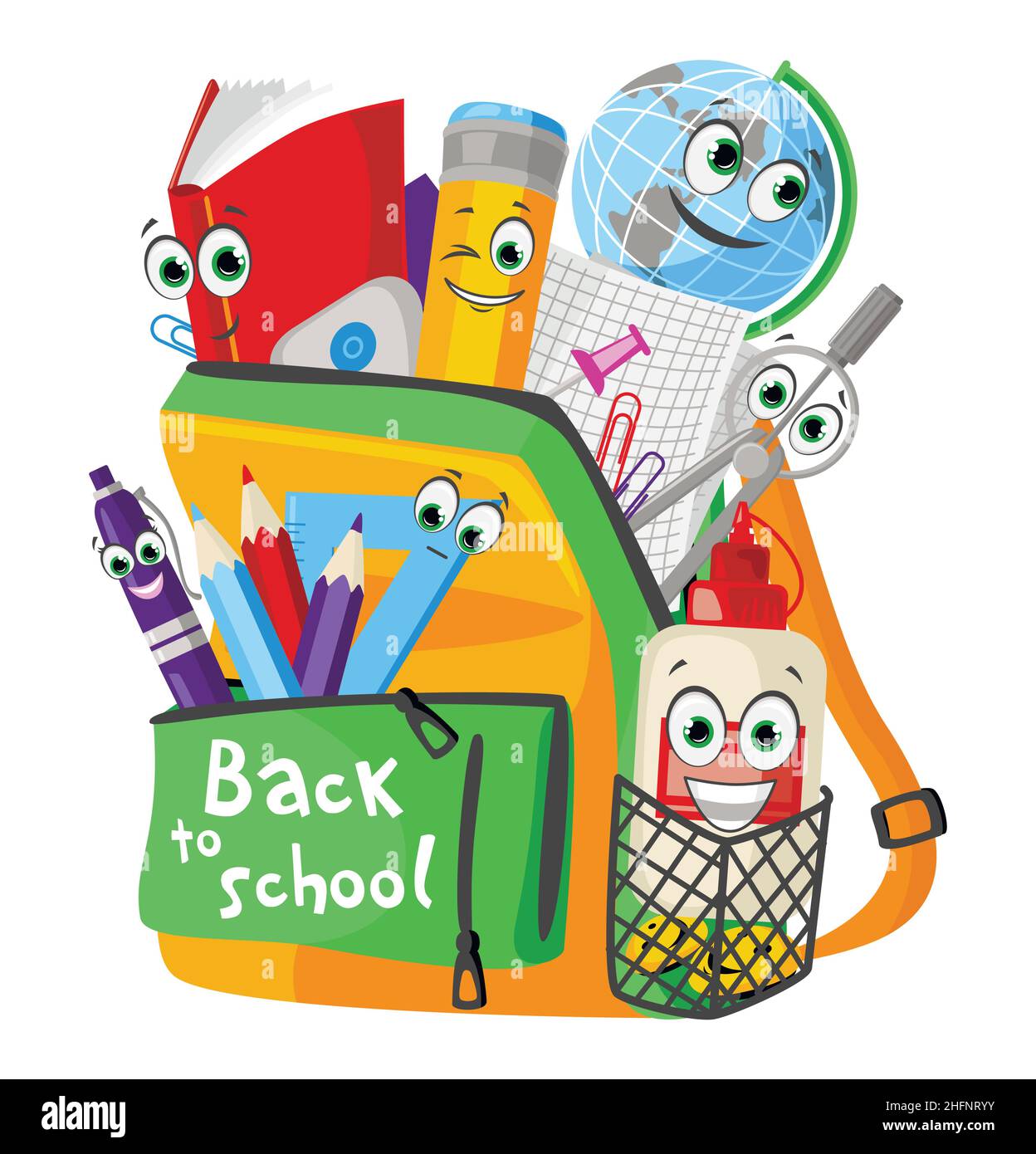Funny composition of stationery school objects with eyes and smiles, concept of a beginning of an educational year at school, vector illustration for Stock Vector