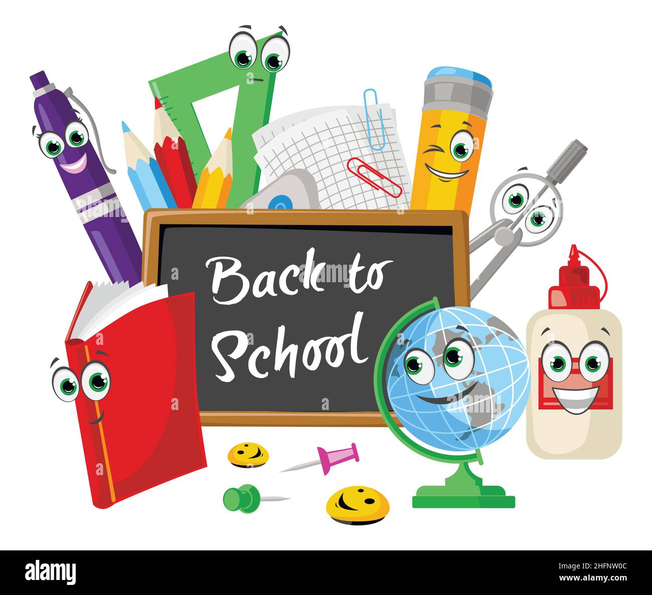 Funny composition of stationery school objects with eyes and smiles, concept of a beginning of an educational year at school, vector illustration for Stock Vector