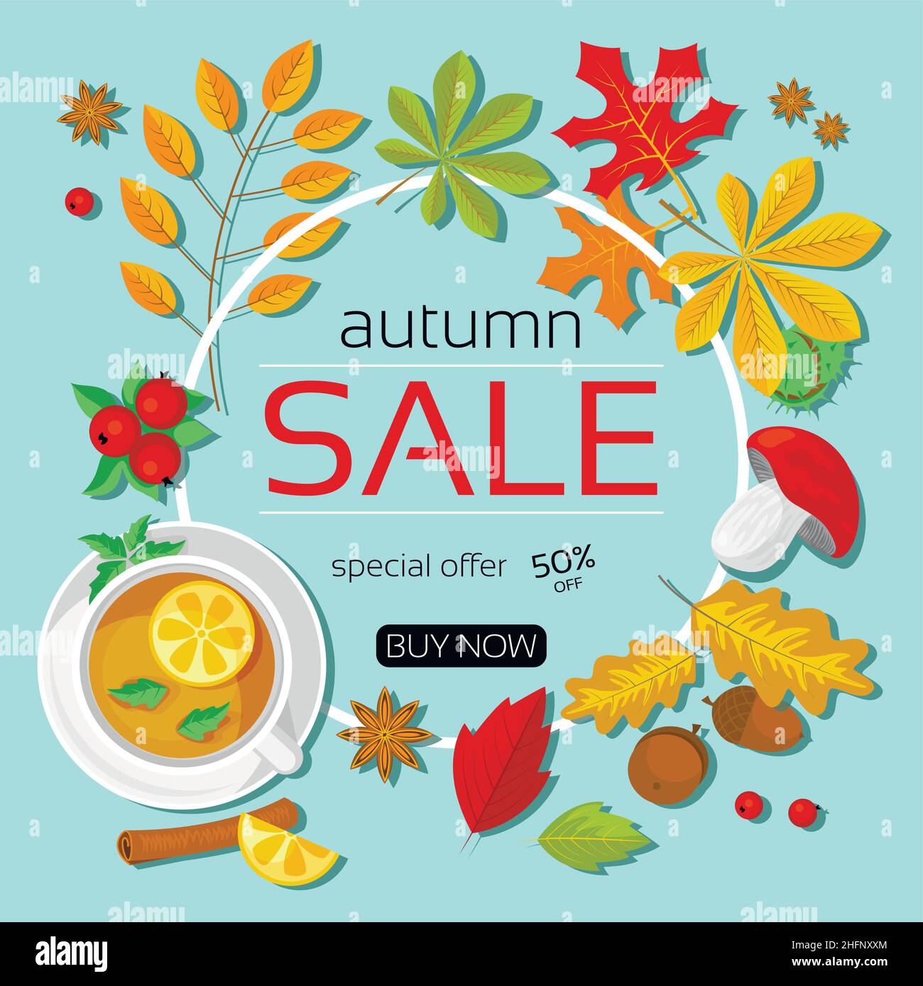 Banner of autumn sale on turquoise backround, modern flat design vector illustration Stock Vector